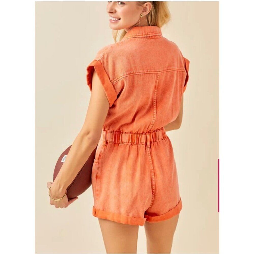 NWT SWEET DUET DISTRESSED DENIM ROMPER IN ORANGE Size Large - Picture 2 of 16